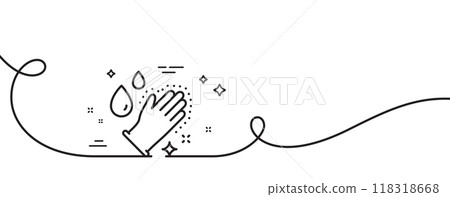 Washing hands line icon. Continuous one line with curl. Sanitary cleaning sign. Clean gloves symbol. Washing hands single outline ribbon. Loop curve pattern. Vector 118318668