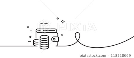 Wallet money line icon. Continuous one line with curl. Cash coins sign. Business income symbol. Wallet money single outline ribbon. Loop curve pattern. Vector 118318669