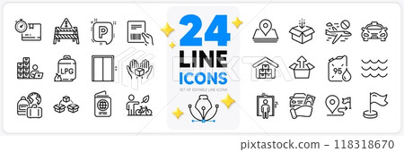 Icons set of Parcel invoice, Gas cylinder and Petrol canister line icons pack for app with Cardboard box, Send box, Milestone thin outline icon. Baggage, Lift, Taxi pictogram. Journey. Vector Icons set of Parcel invoice, Gas cylinder and Petrol canister line icons pack for app with Cardboard box, Send box, Milestone thin outline icon. Baggage, Lift, Taxi pictogram. Journey. Vector 118318670
