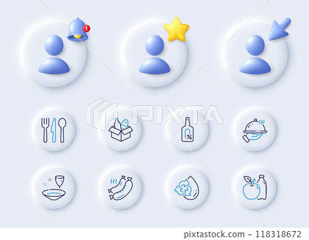 Food, Grilled sausage and Plate line icons. Placeholder with 3d cursor, bell, star. Pack of Alcohol free, Apple, Food donation icon. Recycle water pictogram. For web app, printing. Vector Food, Grilled sausage and Plate line icons. Placeholder with 3d cursor, bell, star. Pack of Alcohol free, Apple, Food donation icon. Recycle water pictogram. For web app, printing. Vector 118318672