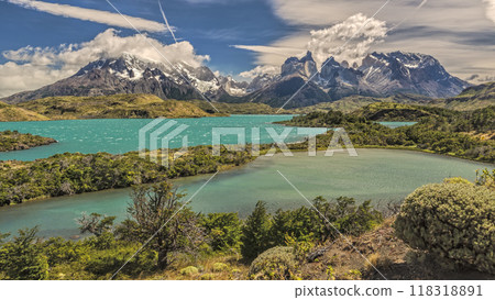 Panoramic view of Nordenskjold lake, Paine Grande, los Cuernos and Monte Almirante Nieto 118318891