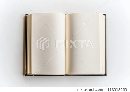 An open book with blank cream-colored pages, offering space for writing, sketching, or creating ideas An open book with blank cream-colored pages, offering space for writing, sketching, or creating ideas 118318963
