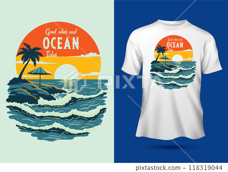Good vibes and Ocean Tides slogan retro illustration  sea beach summer vibes typography motivational quotes t-shirt design 118319044