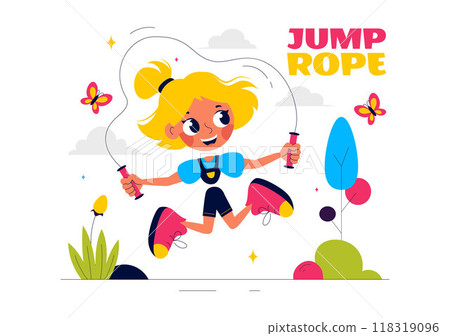 Vector Illustration of Children Playing Jump Rope Wearing Sportswear During Indoor Fitness Sport Activities in a Flat Style Cartoon Background 118319096