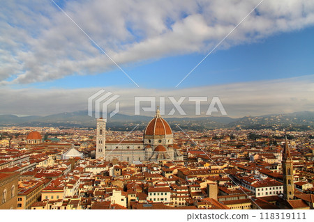 View of the world heritage site Duomo and the historic district from the Arnolfo Tower of Palazzo Vecchio in Florence, Italy, Southern Europe 118319111