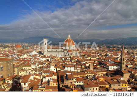 View of the world heritage site Duomo and the historic district from the Arnolfo Tower of Palazzo Vecchio in Florence, Italy, Southern Europe View of the world heritage site Duomo and the historic district from the Arnolfo Tower of Palazzo Vecchio in Florence, Italy, Southern Europe 118319114