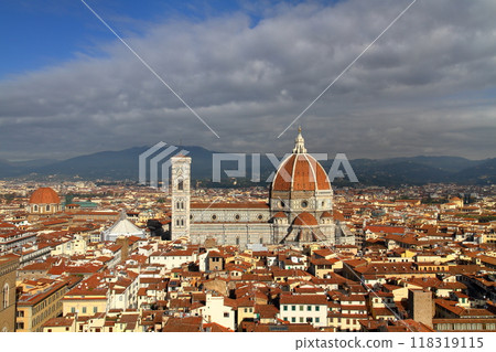 View of the world heritage site Duomo and the historic district from the Arnolfo Tower of Palazzo Vecchio in Florence, Italy, Southern Europe 118319115