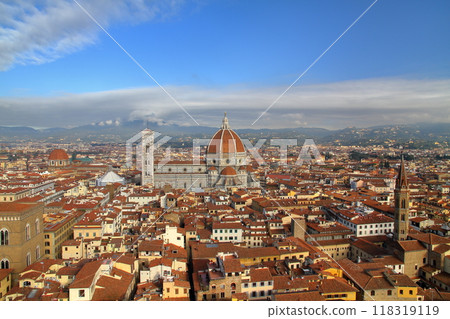 View of the world heritage site Duomo and the historic district from the Arnolfo Tower of Palazzo Vecchio in Florence, Italy, Southern Europe 118319119