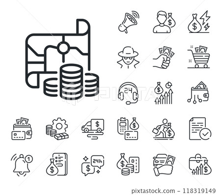 Investment goal sign. Cash money, loan and mortgage outline icons. Treasure map line icon. Money coins symbol. Treasure map line sign. Credit card, crypto wallet icon. Inflation, job salary. Vector 118319149