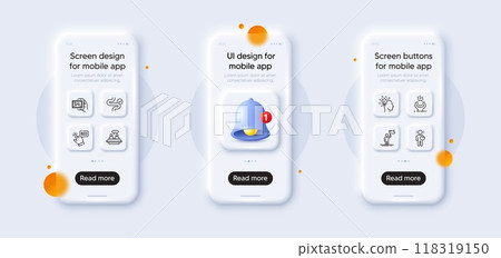 Digestion, Idea and Friend line icons pack. 3d phone mockups with bell alert. Glass smartphone screen. Leadership, Employees talk, Image album web icon. Bid offer, Difficult stress pictogram. Vector Digestion, Idea and Friend line icons pack. 3d phone mockups with bell alert. Glass smartphone screen. Leadership, Employees talk, Image album web icon. Bid offer, Difficult stress pictogram. Vector 118319150