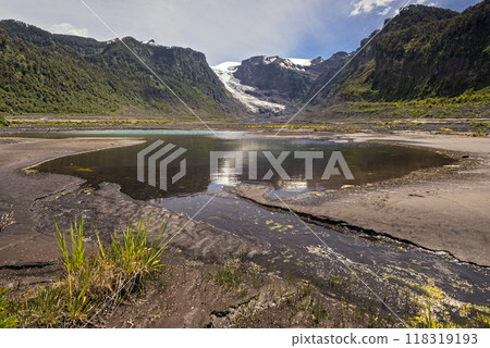 Michinmahuida glacier and its reflection in a pond Michinmahuida glacier and its reflection in a pond 118319193