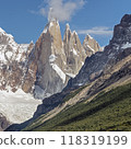 Close view of Cerro Torre, Egger Torre and aguja Stanhard of the Fitz Roy mountain range 118319199