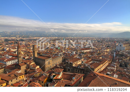 View of the historic center of Florence, Italy, a World Heritage Site, from the Arnolfo Tower of Palazzo Vecchio 118319204