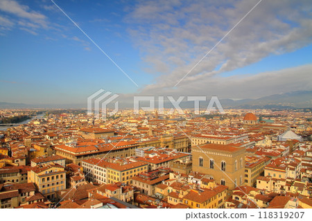 View of the historic center of Florence, Italy, a World Heritage Site, from the Arnolfo Tower of Palazzo Vecchio 118319207