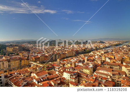 View of the historic center of Florence, Italy, a World Heritage Site, from the Arnolfo Tower of Palazzo Vecchio 118319208