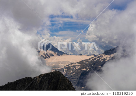 Mountain Glacier Amidst Dramatic Clouds 118319230