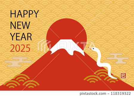 New Year's card for 2025 with illustrations of snakes and Mt. Fuji, landscape 118319322