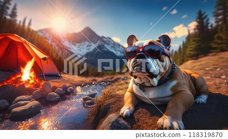 鬥牛犬在帳篷旁等待主人 鬥牛犬在帳篷旁等待主人 118319870