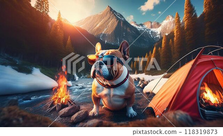A bulldog wearing sunglasses in the winter sunset A bulldog wearing sunglasses in the winter sunset 118319873