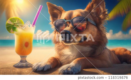 Party dog relaxing on the beach Party dog relaxing on the beach 118319876