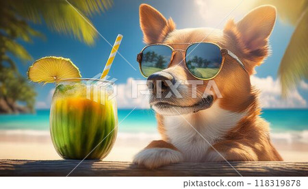 帕里皮狗在夏日海灘上索取椰子汁 帕里皮狗在夏日海灘上索取椰子汁 118319878