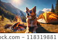 Sunglasses dog makes bonfire during solo camping trip 118319881