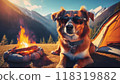 Sunglasses dog making a pose during a solo camping trip in autumn 118319882