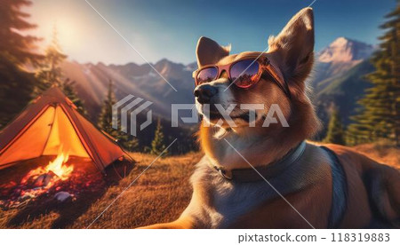 秋天,草狗在單獨的營地享受暮色 秋天,草狗在單獨的營地享受暮色 118319883