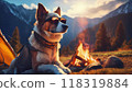 Sunglasses dog waiting for owner to return from camping 118319884