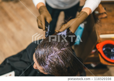Adult woman dyeing gray hair at a beauty salon 118320108