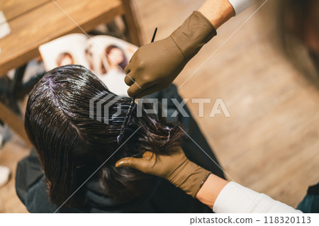 Adult woman dyeing her gray hair at a beauty salon 118320113