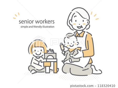 Senior woman happily babysitting - simple and stylish line drawing illustration 118320410