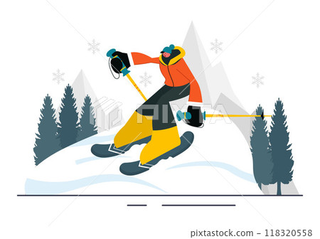 Skiing Vector Illustration featuring Skiers Sliding Down a Mountain at a Ski Resort in Flat Winter Sports Activities Style Cartoon Background Skiing Vector Illustration featuring Skiers Sliding Down a Mountain at a Ski Resort in Flat Winter Sports Activities Style Cartoon Background 118320558