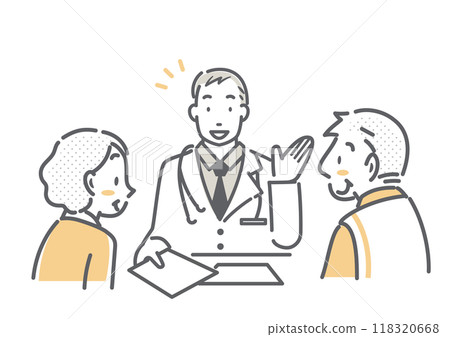 Senior couple receiving doctor's advice Simple and stylish line drawing illustration 118320668
