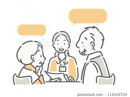 一幅簡單時尚的線條畫插圖,描繪了一對年長夫婦接受工作人員建議的情況 一幅簡單時尚的線條畫插圖,描繪了一對年長夫婦接受工作人員建議的情況 118320729
