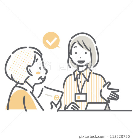 Senior woman submitting documents at the counter Simple and stylish line drawing illustration Senior woman submitting documents at the counter Simple and stylish line drawing illustration 118320730