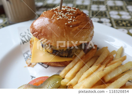 Cheese burger served on a plate 118320854