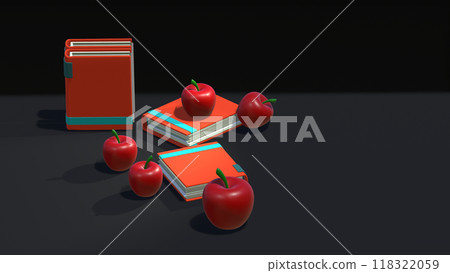 Ready for school concept background, School books with fresh apple and copy space, 3D Rendering, 3D Illustration, A stack of books with an apple decoration, A backdrop of a school 118322059