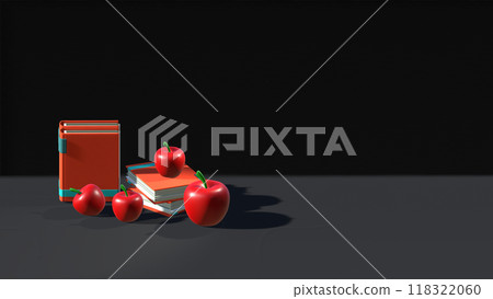 Ready for school concept background, School books with fresh apple and copy space, 3D Rendering, 3D Illustration, A stack of books with an apple decoration, A backdrop of a school Ready for school concept background, School books with fresh apple and copy space, 3D Rendering, 3D Illustration, A stack of books with an apple decoration, A backdrop of a school 118322060