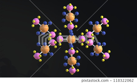 A colorful molecule with pink, yellow, and blue spheres. The molecule is floating in the air, Atom Protons And Electrons, A detailed 3D illustration of a molecule, elements such as atoms, bonds 118322062