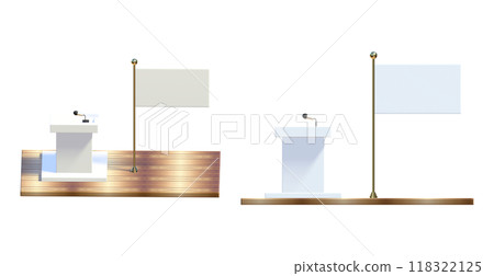 podiums with microphones standing on stage with nation flags, speech podium with small microphones is portrayed, Debate tribune podiums with microphone, 3d public presentation tribune 118322125