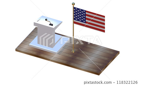 podiums with microphones standing on stage with nation flags, speech podium with small microphones is portrayed, Debate tribune podiums with microphone, 3d public presentation tribune, American Flag 118322126