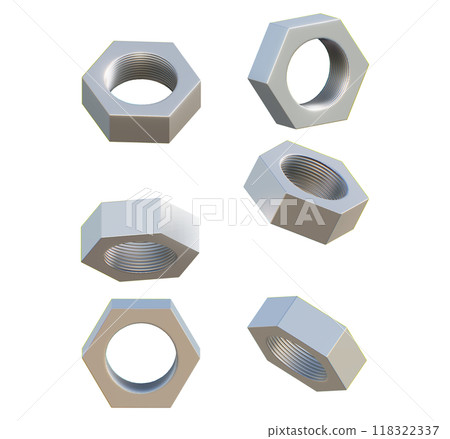 metal nut with female screw, nuts and bolts isolated, Metal nuts scattered, steel nuts isolated on white background, Set of realistic hexagonal nut icons, Metal female screw 118322337