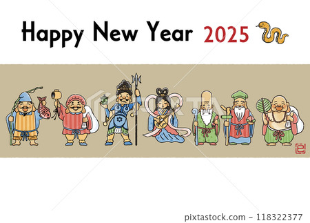 2025 Year of the Snake New Year's card - Simple and cute illustration of the Seven Lucky Gods 118322377