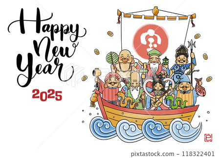 2025 Year of the Snake New Year's card - A simple and cute illustration of the Seven Lucky Gods riding on a treasure ship 2025 Year of the Snake New Year's card - A simple and cute illustration of the Seven Lucky Gods riding on a treasure ship 118322401