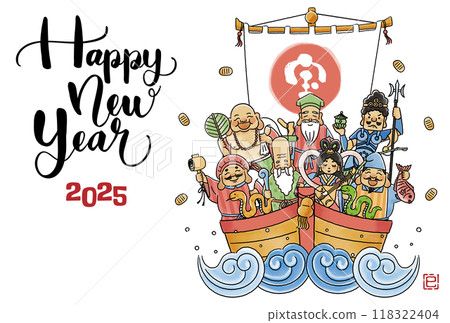 2025 Year of the Snake New Year's card - A simple and cute illustration of the Seven Lucky Gods riding on a treasure ship 2025 Year of the Snake New Year's card - A simple and cute illustration of the Seven Lucky Gods riding on a treasure ship 118322404