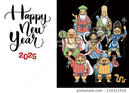 2025 Year of the Snake New Year's card - Simple and cute illustration of the Seven Lucky Gods 118322410