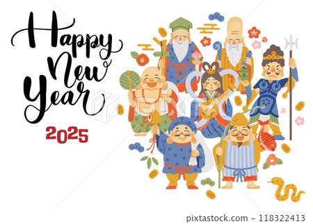2025蛇年賀年片-簡單可愛的七福神插畫 2025蛇年賀年片-簡單可愛的七福神插畫 118322413