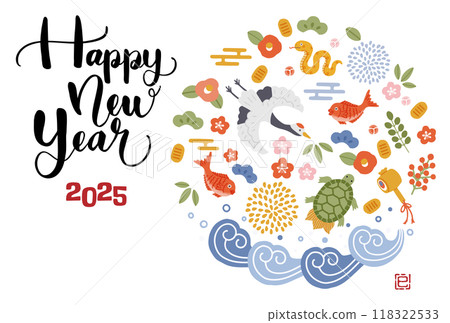 2025蛇年賀年片鶴、龜、松、竹、梅等吉祥物插畫 2025蛇年賀年片鶴、龜、松、竹、梅等吉祥物插畫 118322533