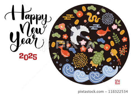 2025蛇年賀年片鶴、龜、松、竹、梅等吉祥物插畫 118322534